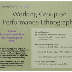 The second meeting of the Performance Ethnography Working Group (PEWG) has been rescheduled to THIS FRIDAY March 6 @ 2:00-5:00pm, ATK 102E, YorkU.